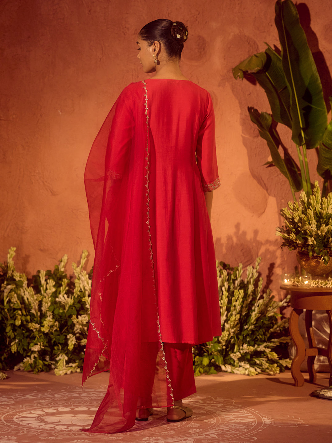 FIORRA Women’s Red Viscose Chanderi Embroidered Ethnic A-Line Kurta Set with Dupatta